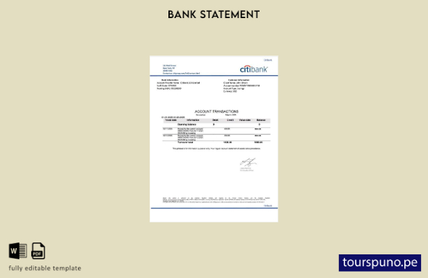 listo para imprimir plantilla de Word del estado de cuenta de Citibank de EE. UU